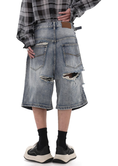 【GIBBYCNA】Double knee cut damaged design short silhouette denim pants  GC0013