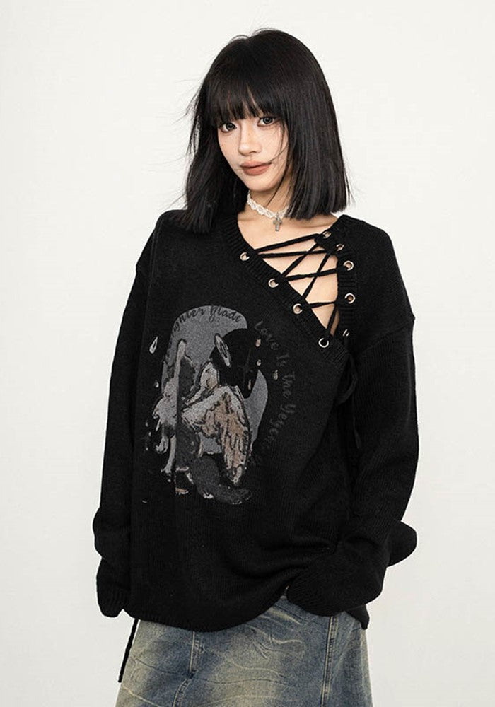 【ZERO STORE】String gimmick style girly front design wide knit  ZS0058