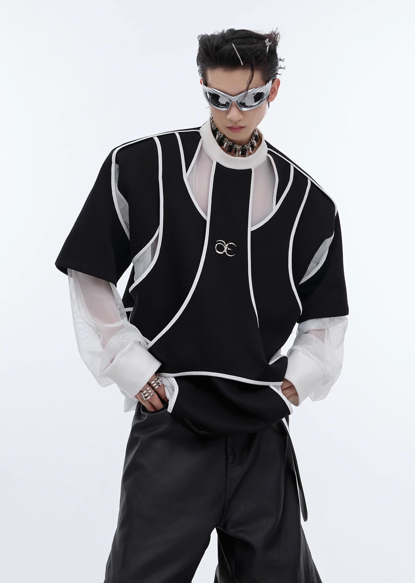 【Culture E】Gimmick countless line design monotone color layered long sleeve T-shirt  CE0150