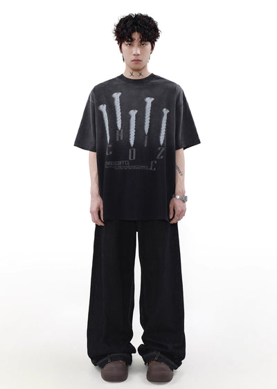 【MR nearly】Front nail illustration design dull wash processing short sleeve T-shirt  MR0091