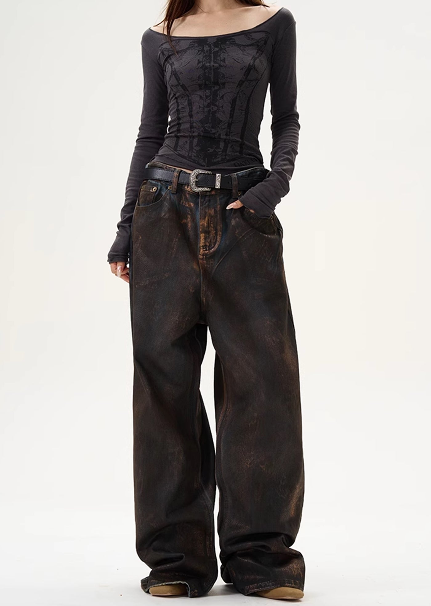 【9/9新作】Vintage Dirt Color Wide Straight Silhouette Denim Pants  HL3089