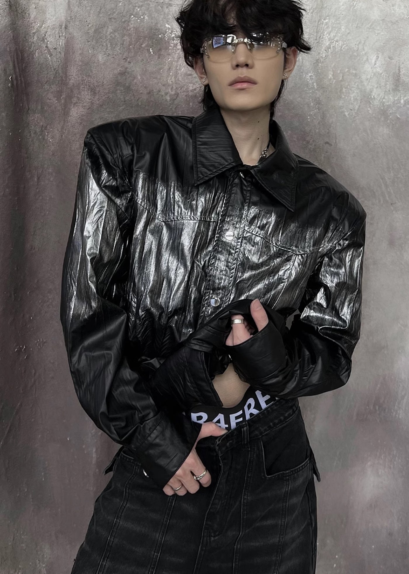 【SOULWORKER】Black glossy design color overload silhouette jacket  SW0024