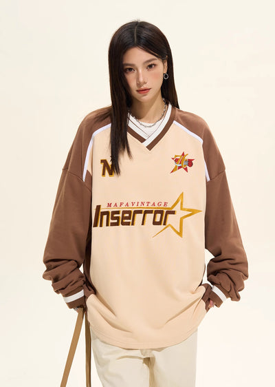 【H GANG X】Warm brown color gaming initial over long sleeve V-neck T-shirt  HX0075