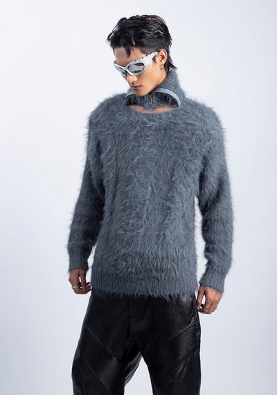 【PLAN1ONE】Mohair-like soft design dull color base knit sweater  PL0048