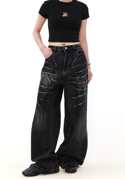 【MR nearly】Cracked distressed wash black wide denim pants  MR0146