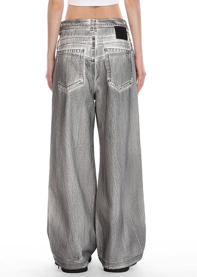 【VINMUK】White gray wide flare silhouette double waist denim pants  VM0009