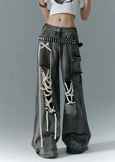 Overalls Gimmick Damaged Design Dull Color Denim Pants  HL3072