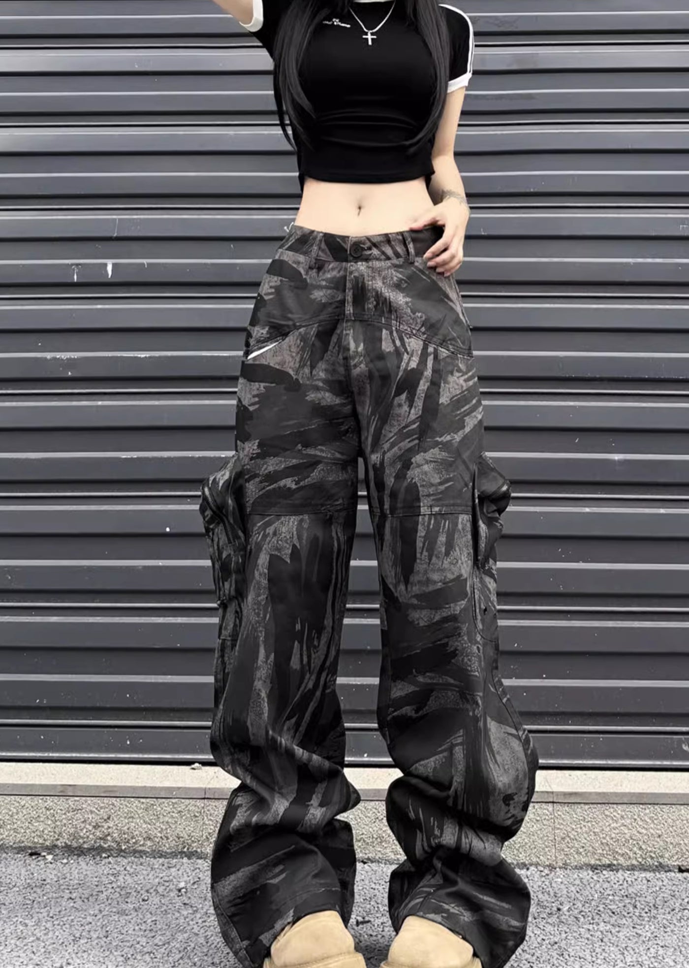 【W3】Dark camouflage design wide straight silhouette pants  WO0076