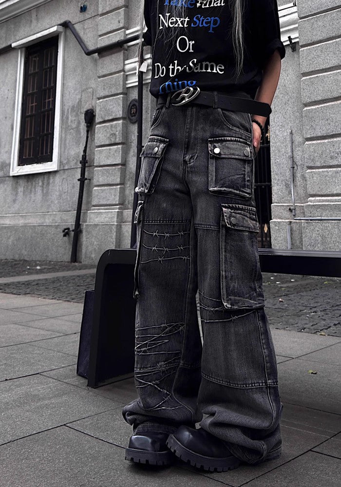 【TR BRUSHSHIFT】Simple double pocket design dull black cargo denim pants  TB0038