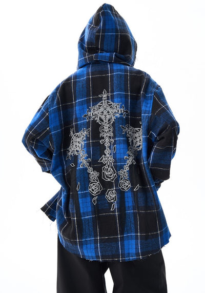 【H GANG X】Back print blue navy color check design full zip hoodie  HX0097