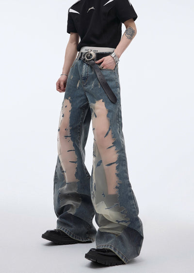 [Culture E] Translucent knee-cut design mid-flare wide silhouette denim pants CE0117