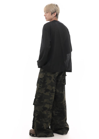 【GIBBYCNA】Wide silhouette riveted design camouflage pants  GC0018