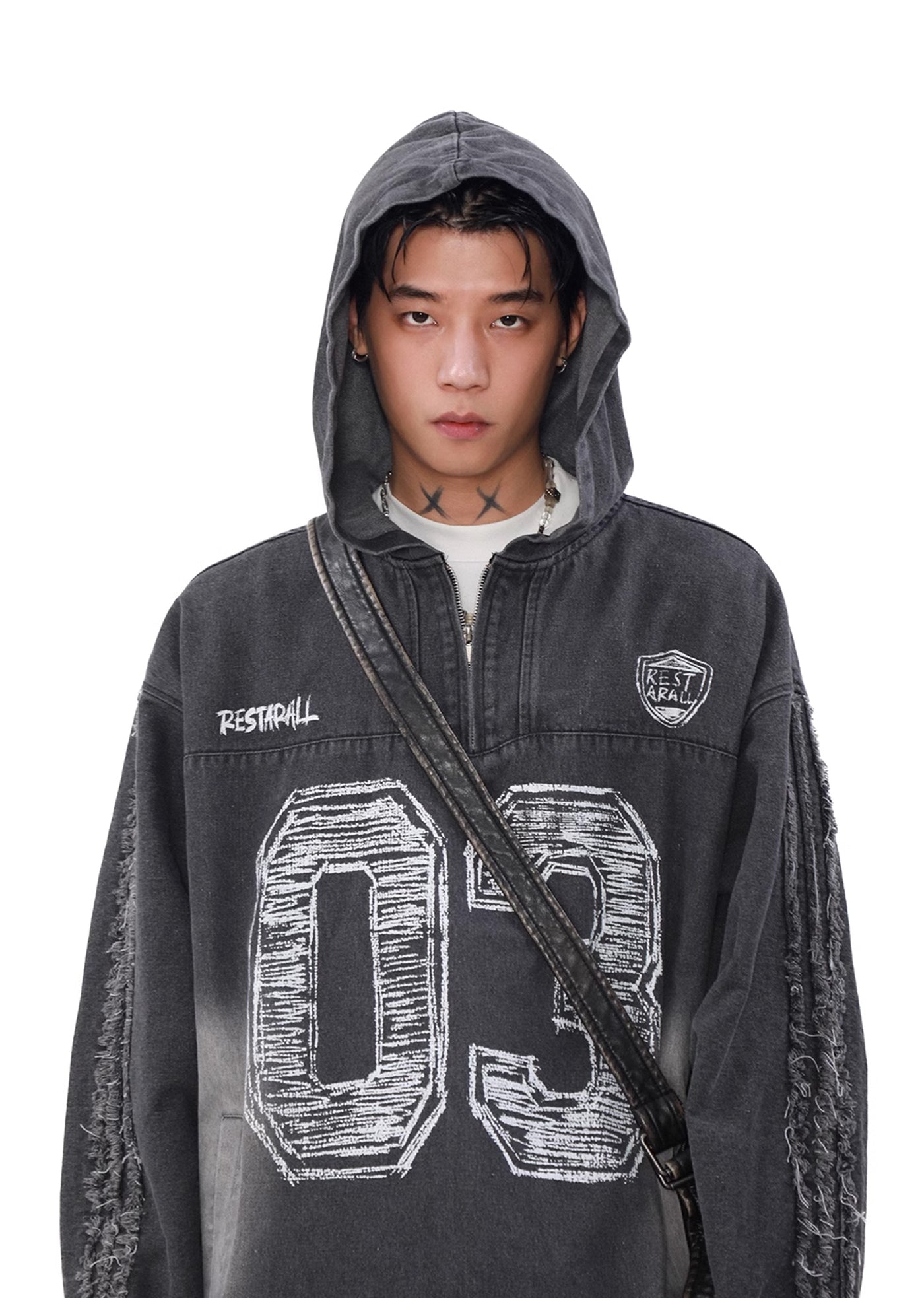 【MR nearly】Dull wash design number initial half zip hoodie  MR0132