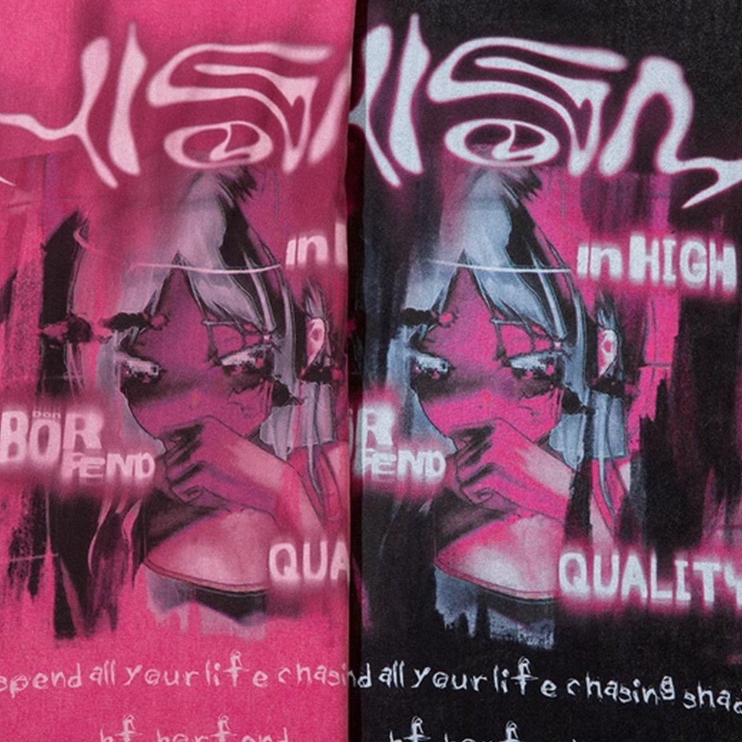 【NIHAOHAO】Distorted Initial Illustration Furvine Wash Short Sleeve T-Shirt  NH0135