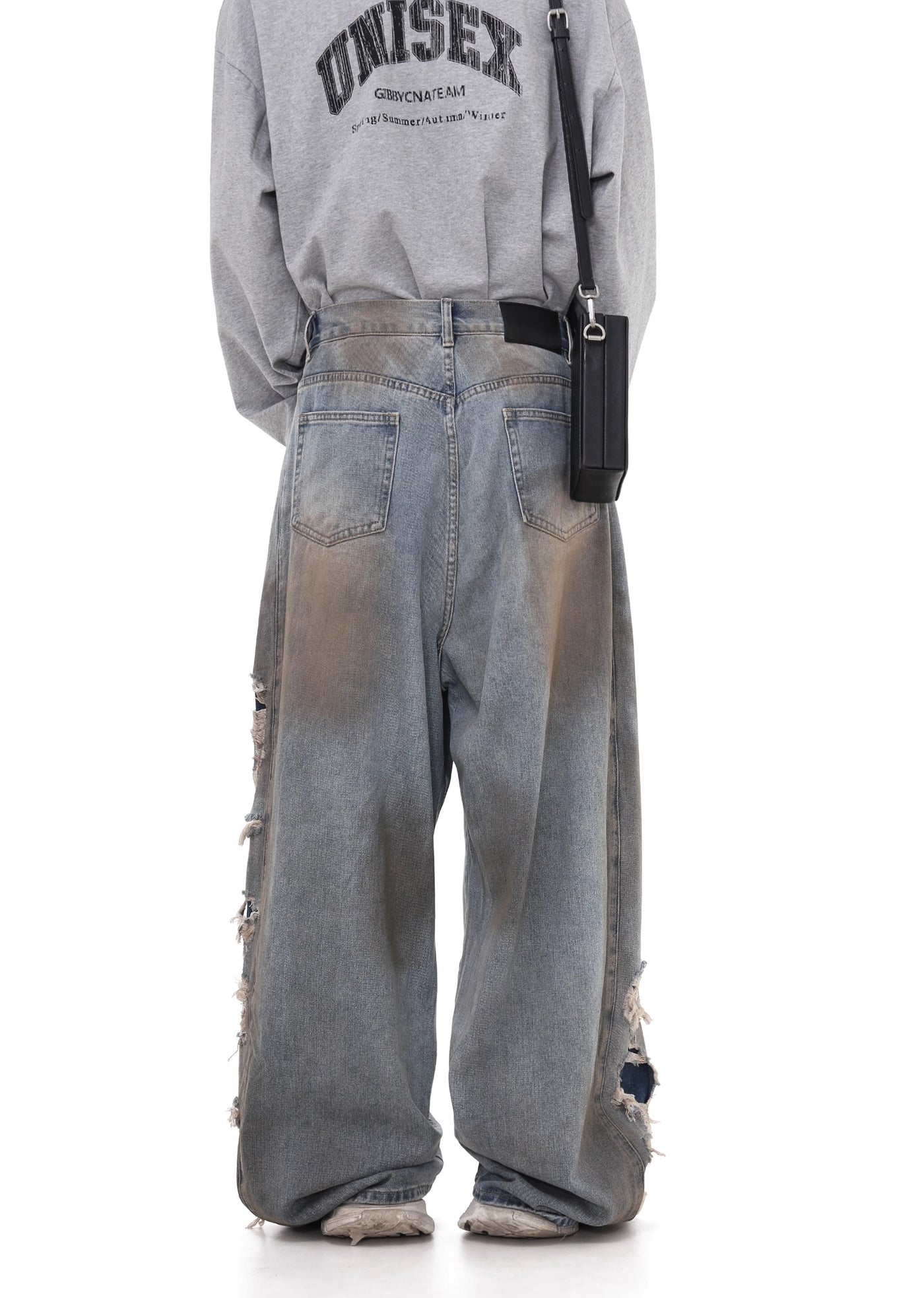 【GIBBYCNA】Grunge style stain design draw damage wide denim pants  GC0017