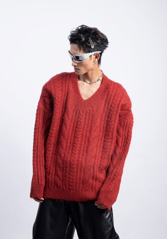 【PLAN1ONE】Simple baseline design V-neck silhouette knit sweater  PL0050