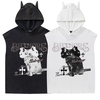 【From Mars】Front Cat Illustration Devil Hoodie Style Sleeveless  FS0002