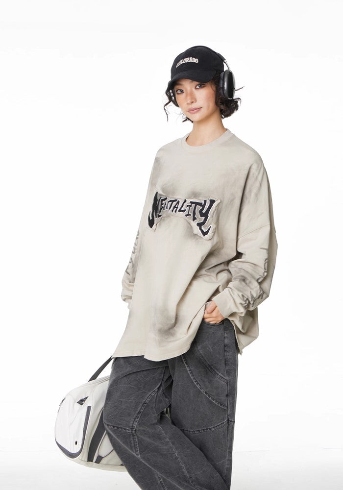 【H GANG X】Grunge wash initial design wiper long sleeve T-shirt  HX0085