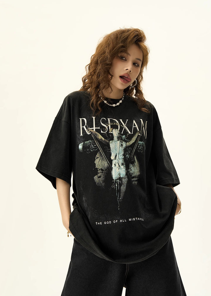 【DISCERNMENT】Demon Slow Overfit Half Sleeve H GANG X] Monotone fallen angel illustration design