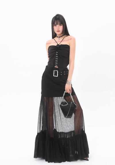 【ROY11】See-through design double black front flare silhouette skirt  RY0011