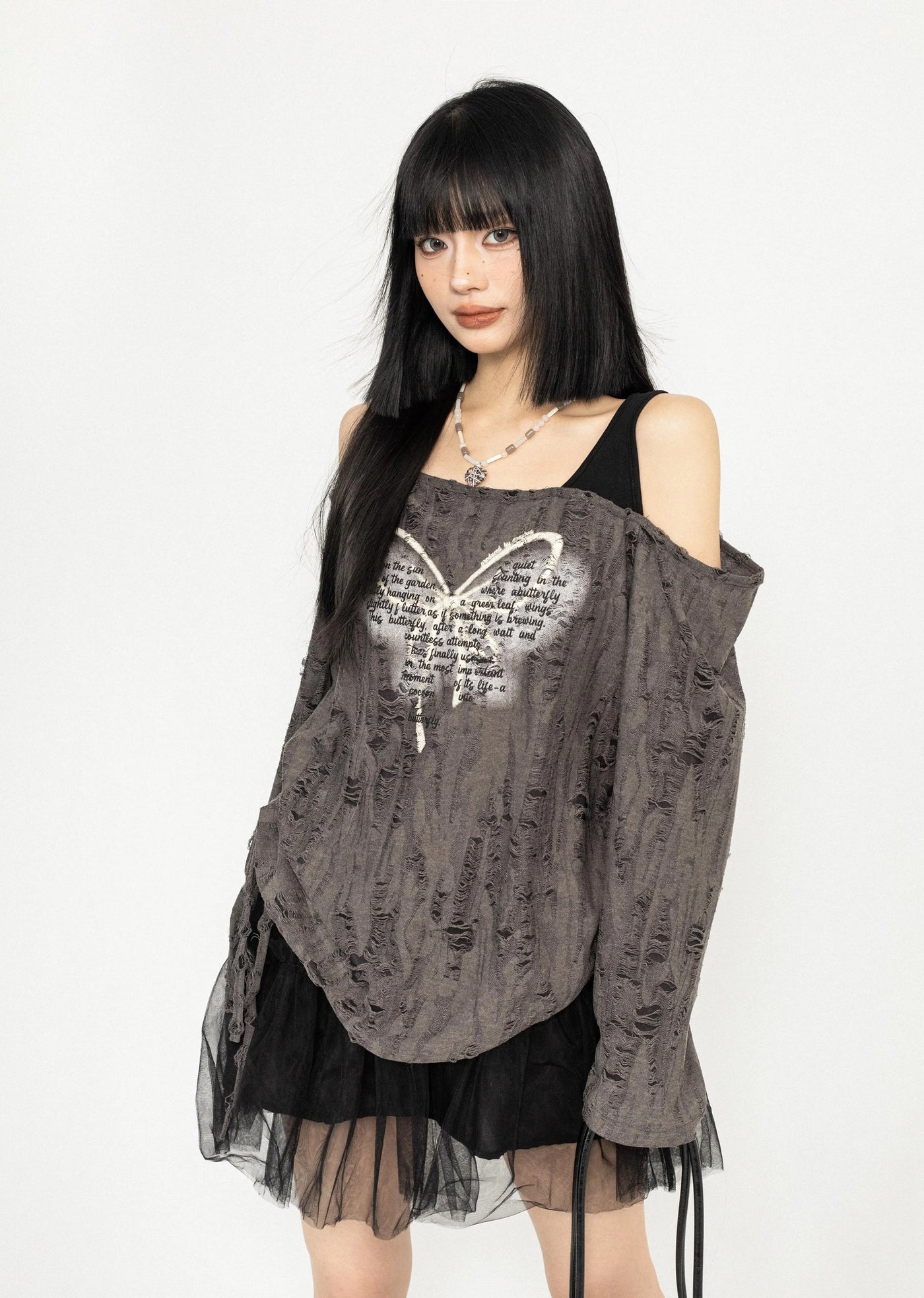 【ZERO STORE】Grunge butterfly design distressed knee cut sweater  ZS0044