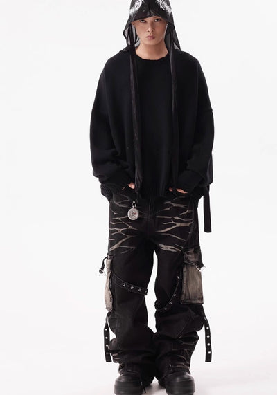 【BTSG】Double-washed gimmick suspender cargo denim pants  BS0023