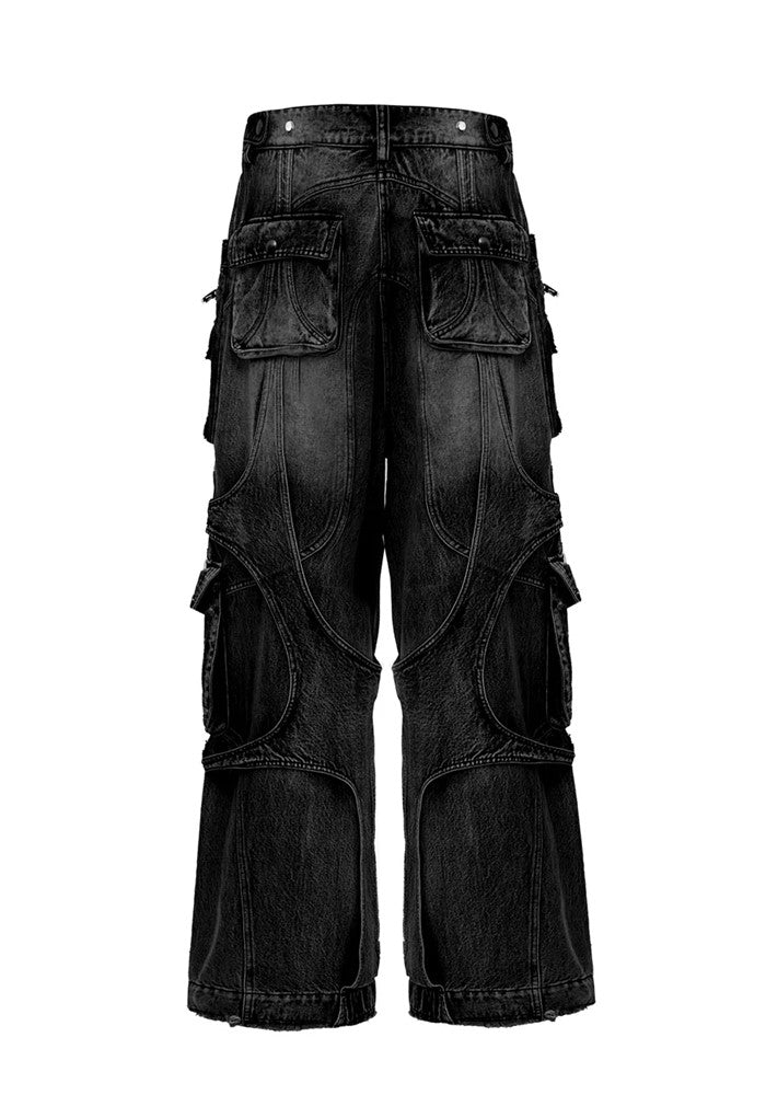 【Culture E】Wide gimmick silhouette mid-wash chain denim cargo pants  CE0155