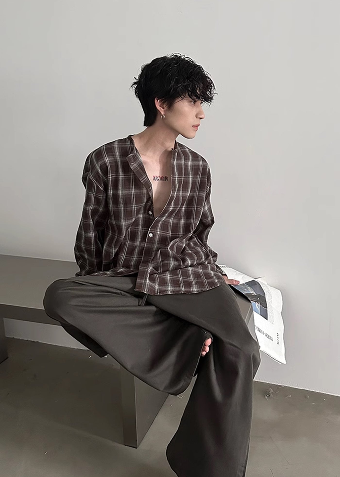 【Very Fewest】Natural U-neck design basic check long sleeve shirt  VF0032