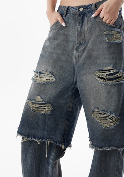 【H GANG X】Mid-length distressed half-docking layered style denim pants  HX0102