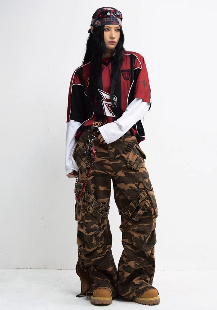 【People Style】Wide silhouette camouflage design dark color cargo pants  PS0044