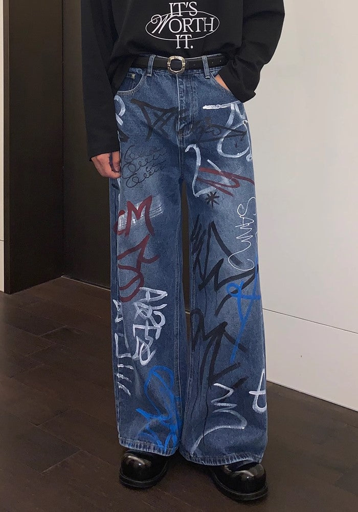 【CUIBUJU】Countless graffiti design casual street wide denim pants  CB0052