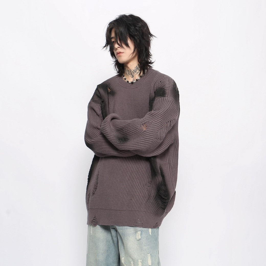 【Mz】Dark dull purple point wash line damage knit sweater  MZ0040