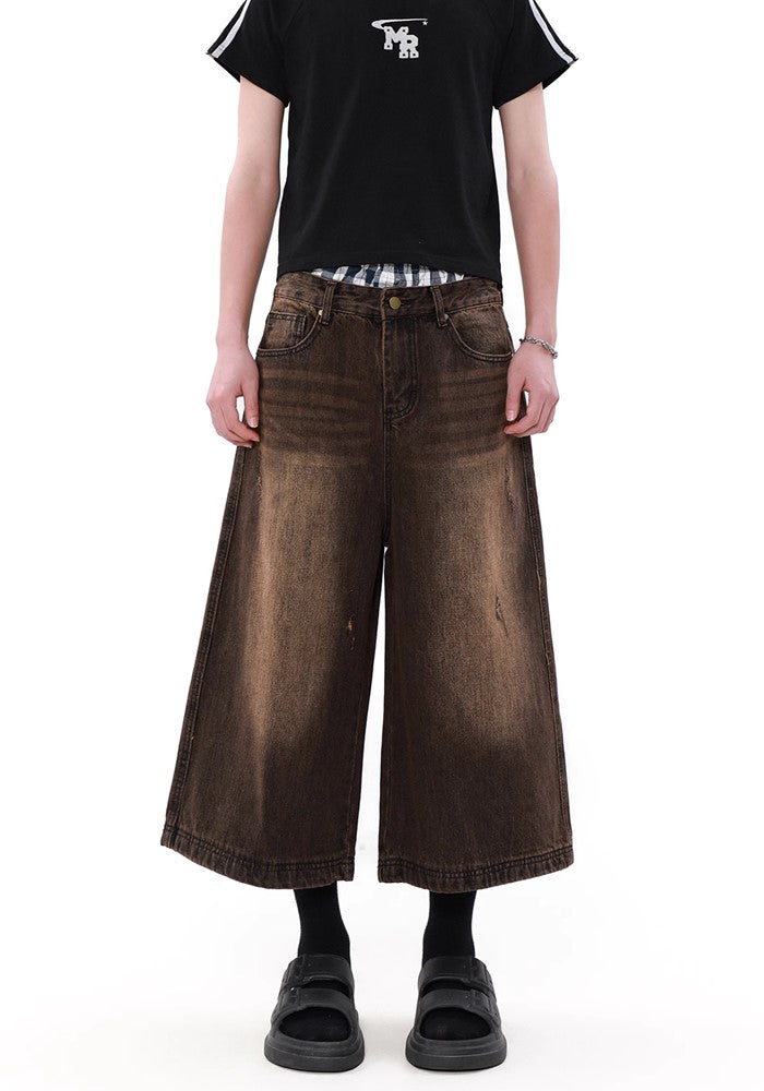 【MR nearly】Dirt washed brown color half silhouette denim pants  MR0123