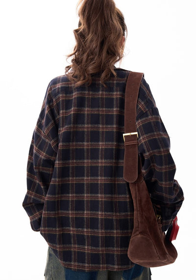 【H GANG X】College logo design American casual style over check long sleeve shirt  HX0093