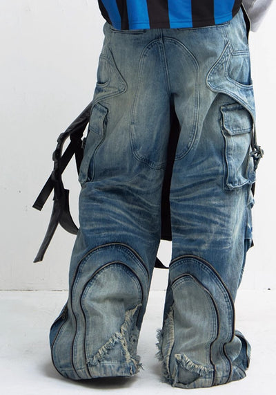 【People Style】Wide base gimmick cargo point mid-wash denim pants  PS0043