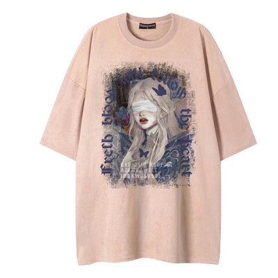 【NIHAOHAO】Girl print oversized repainted design short sleeve T-shirt  NH0144