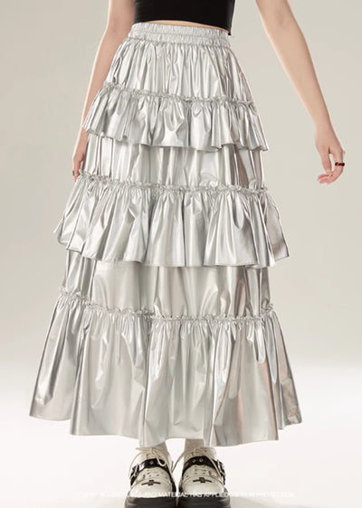 【Eleven shop97】Silver tiered silhouette design glossy skirt  ES0020