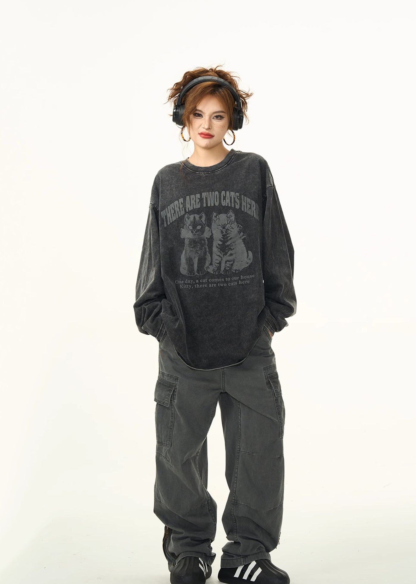 【H GANG X】Front cat design dull base color wash long sleeve T-shirt  HX0063