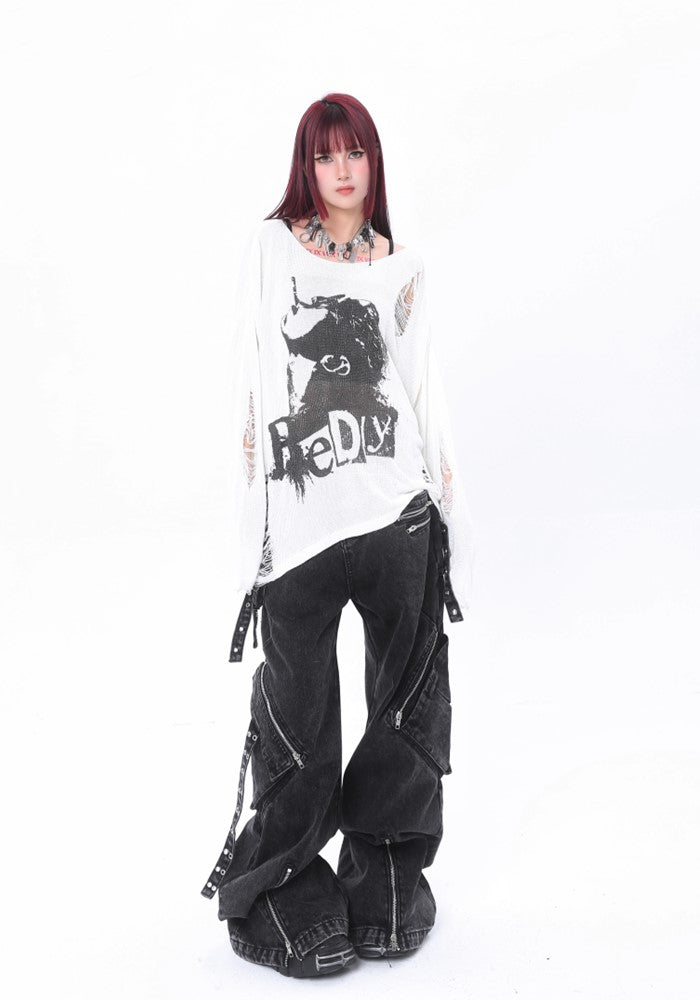 【ROY11】Myriad Damage Design White Color Grunge Illustration Long Sleeve T-Shirt  RY0013