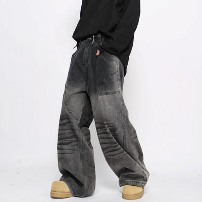 【Mz】Gradient gray black color wide straight denim pants  MZ0038