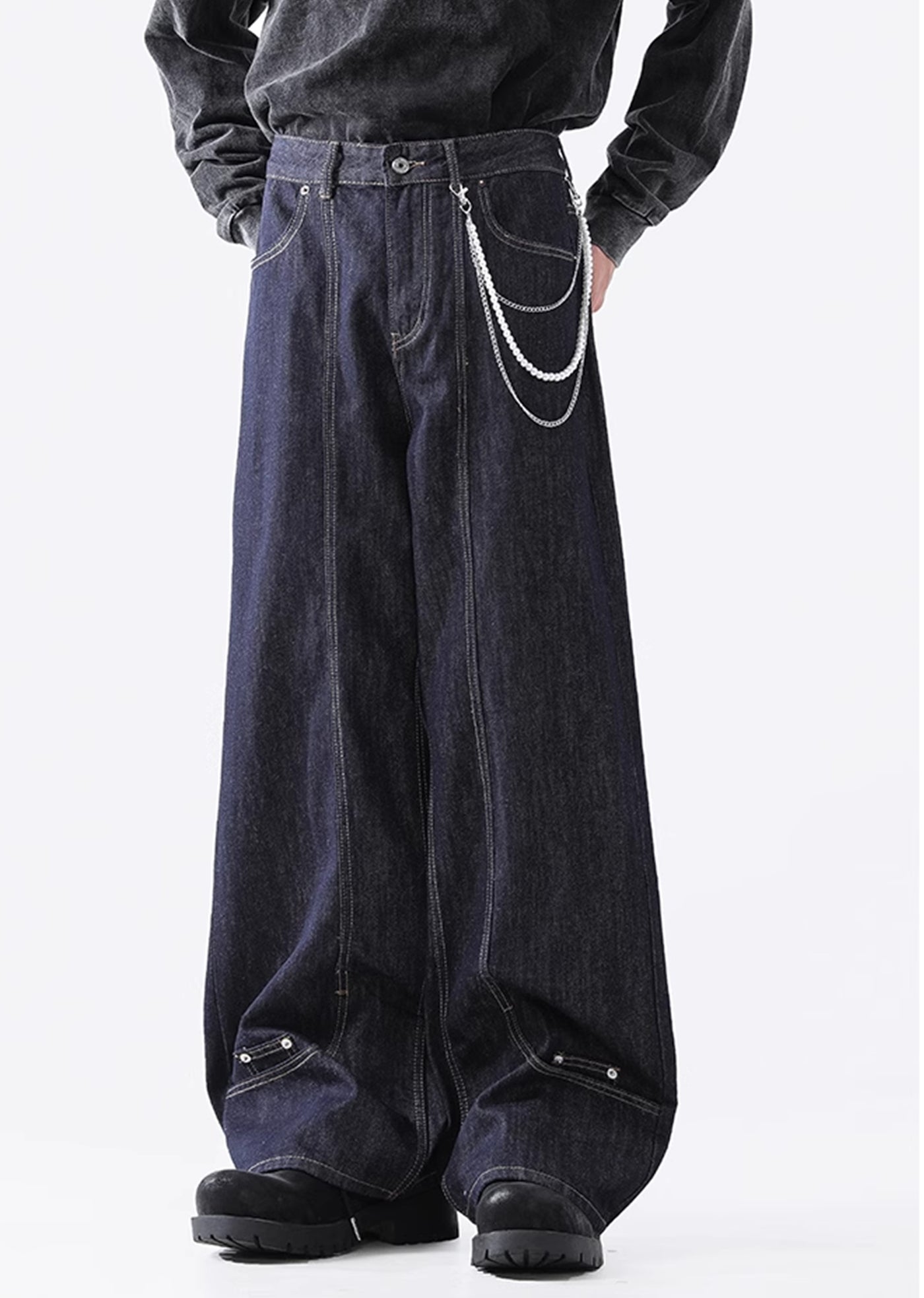 【ACRARDIC】Stitched basic navy blue wide denim pants  AI0012