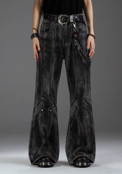 【NOMANIAI 】Dull black color wide flare silhouette design denim pants  NA0006