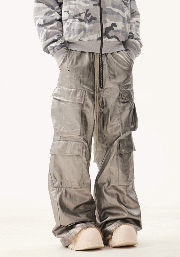 【BTSG】Metallic silver glossy design wide over cargo pants  BS0043