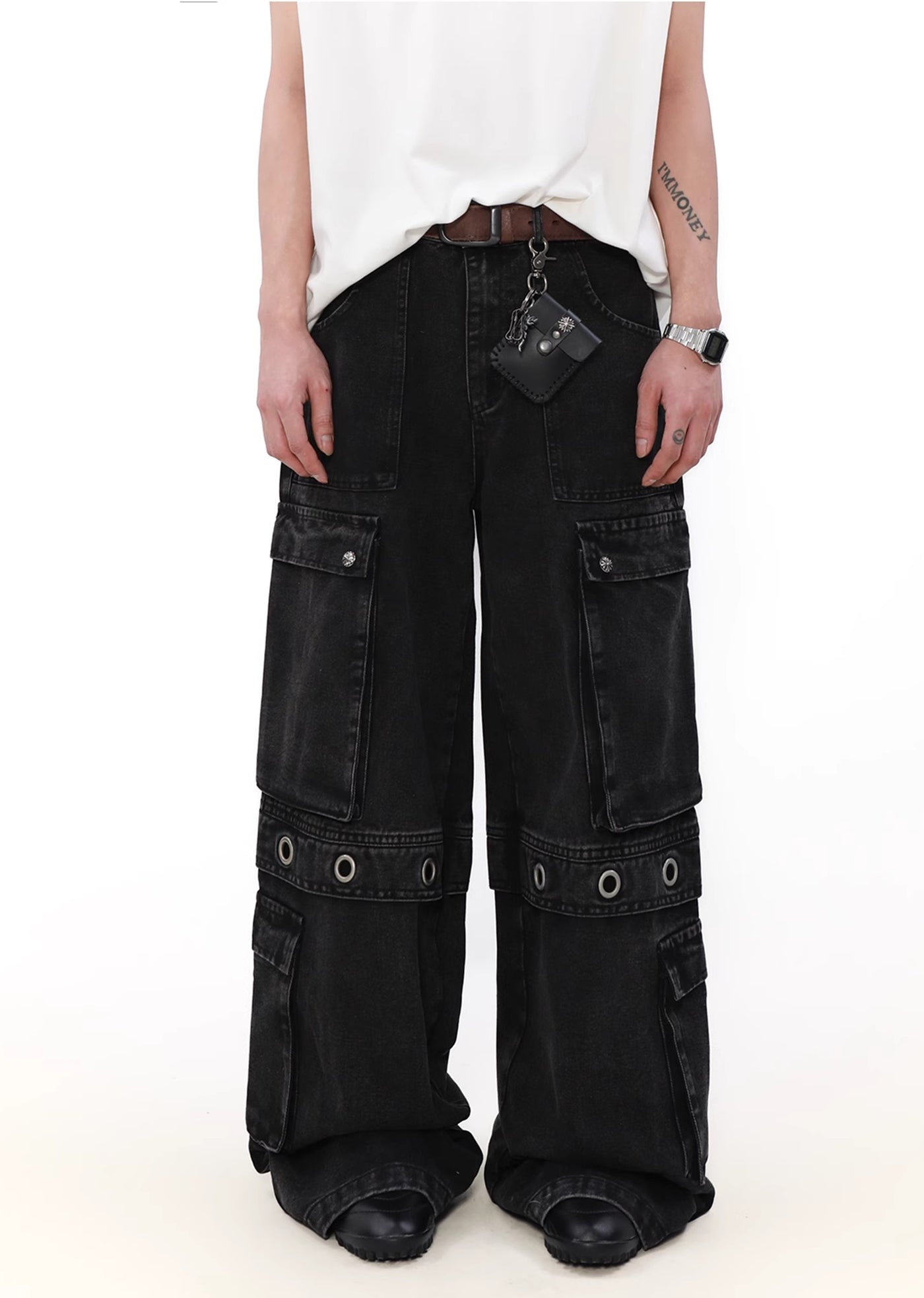 【MR nearly】Multiple gimmick design belt and pocket cover denim pants  MR0130