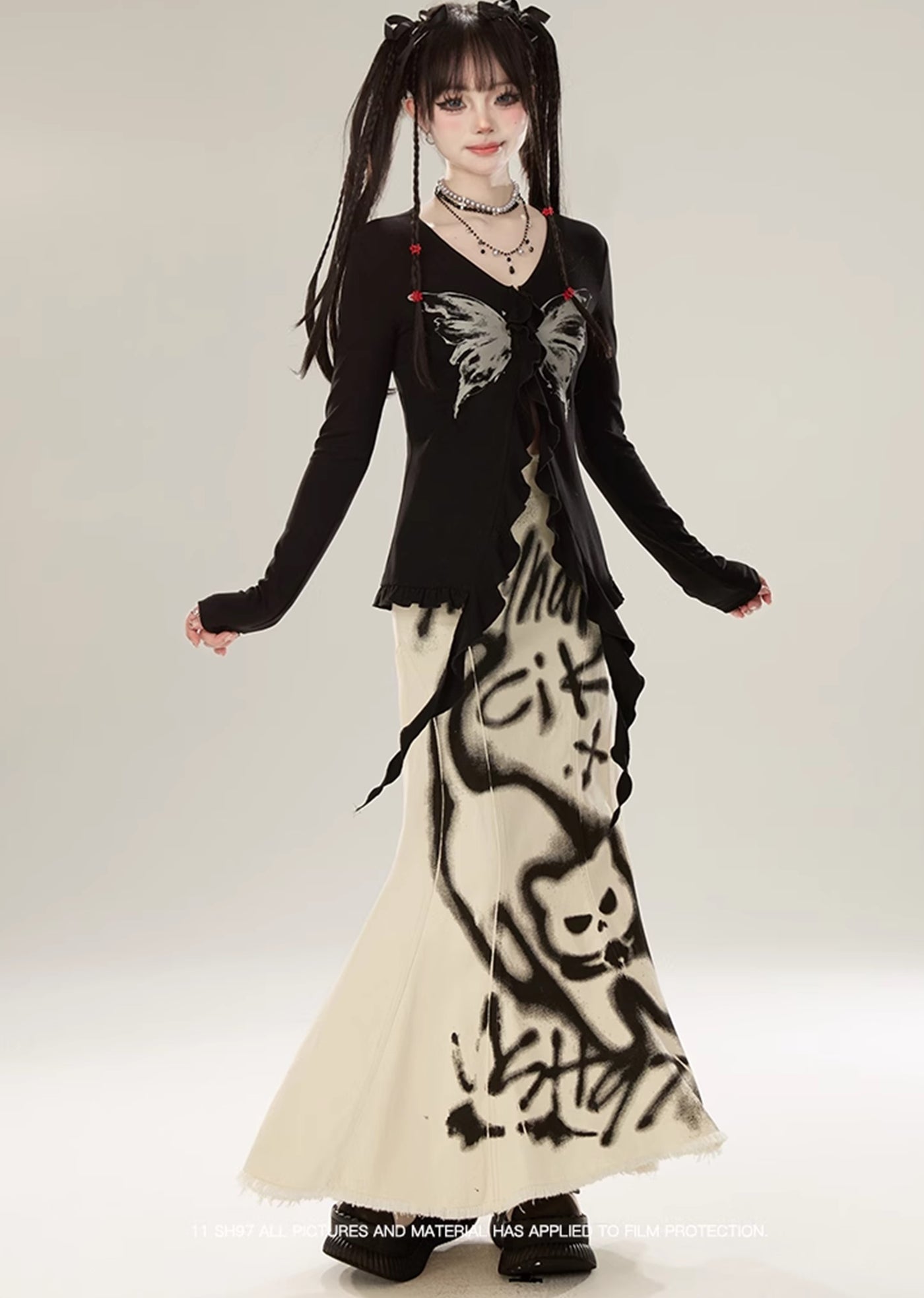 [Eleven shop97] Painted cat design menacing countless flare skirt ES0019