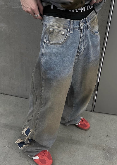 【SOULWORKER】Dull wash finish soil stain color wide denim pants  SW0023