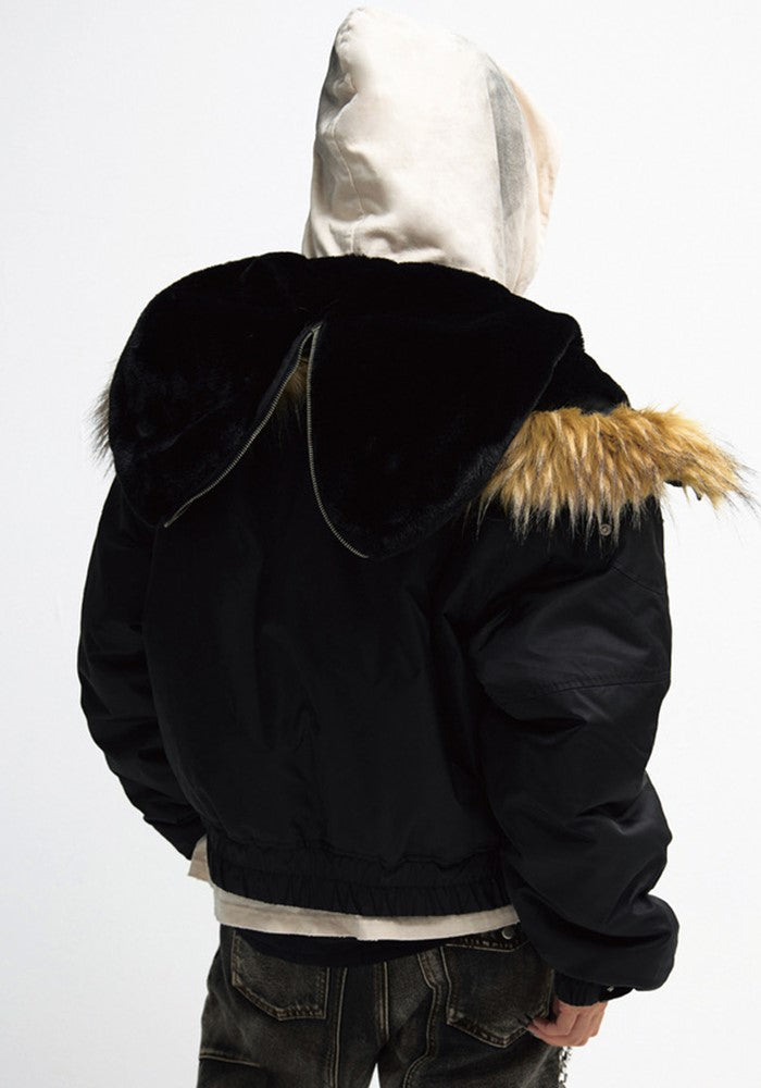 【People Style】Faux fur hood design double gimmick belt type jacket outerwear  PS0051