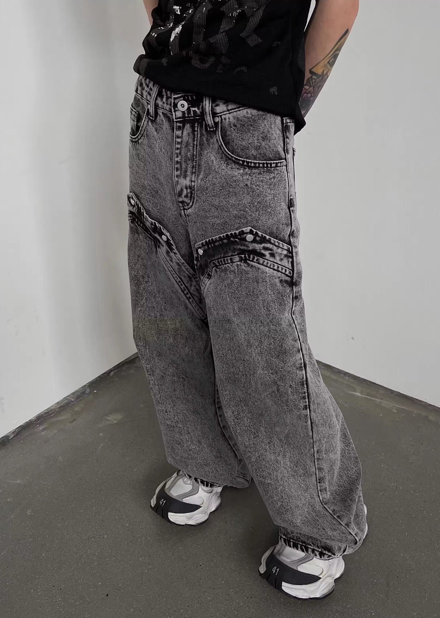 [SOULWORKER] Double fabric design gray color acid denim pants SW0016