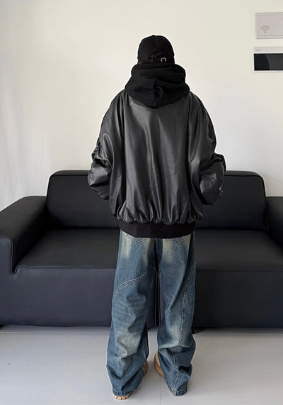 【W3】Hoodie plus faux leather style black jacket  WO0080