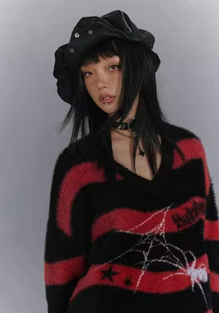 【YUKAHOUSE 】Subculture style spider design red border knit  YO0013